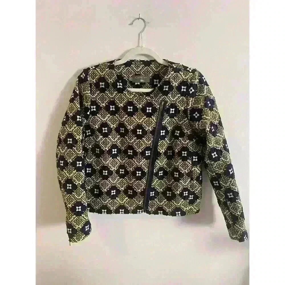 Cotelac‎ Quilt Jacket Zip Up Blue Green Pattern Size 0